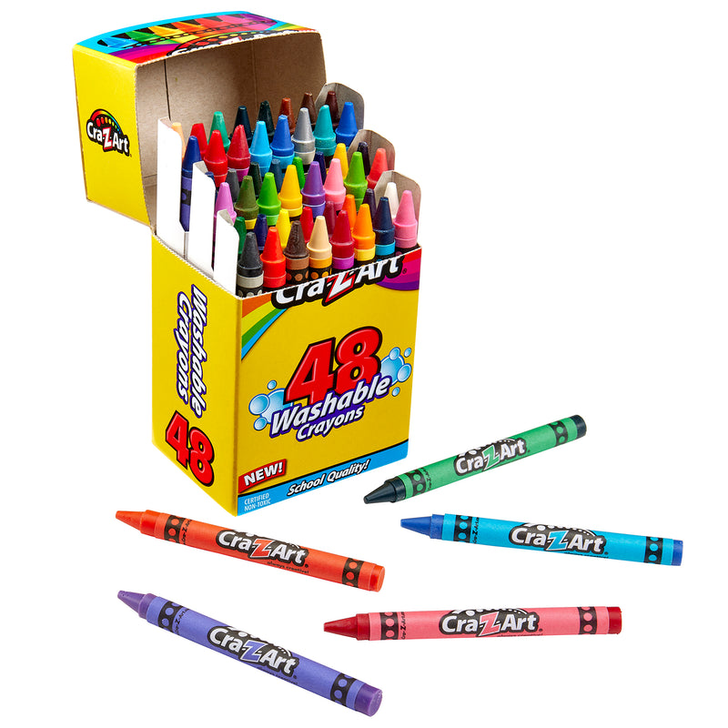 A box of Cra-Z-Art Washable Crayons 48 Count labeled "48 Washable Crayons" with an open lid revealing colorful crayons inside. Several crayons are scattered in front of the box.