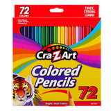 A 72-count box of Cra-Z-Art 72 Count Colored Pencils with bright packaging featuring a tiger and rainbow colors. The box advertises thick, strong leads, real wood, artist quality, and sharpened pencils.