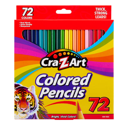 A 72-count box of Cra-Z-Art 72 Count Colored Pencils with bright packaging featuring a tiger and rainbow colors. The box advertises thick, strong leads, real wood, artist quality, and sharpened pencils.