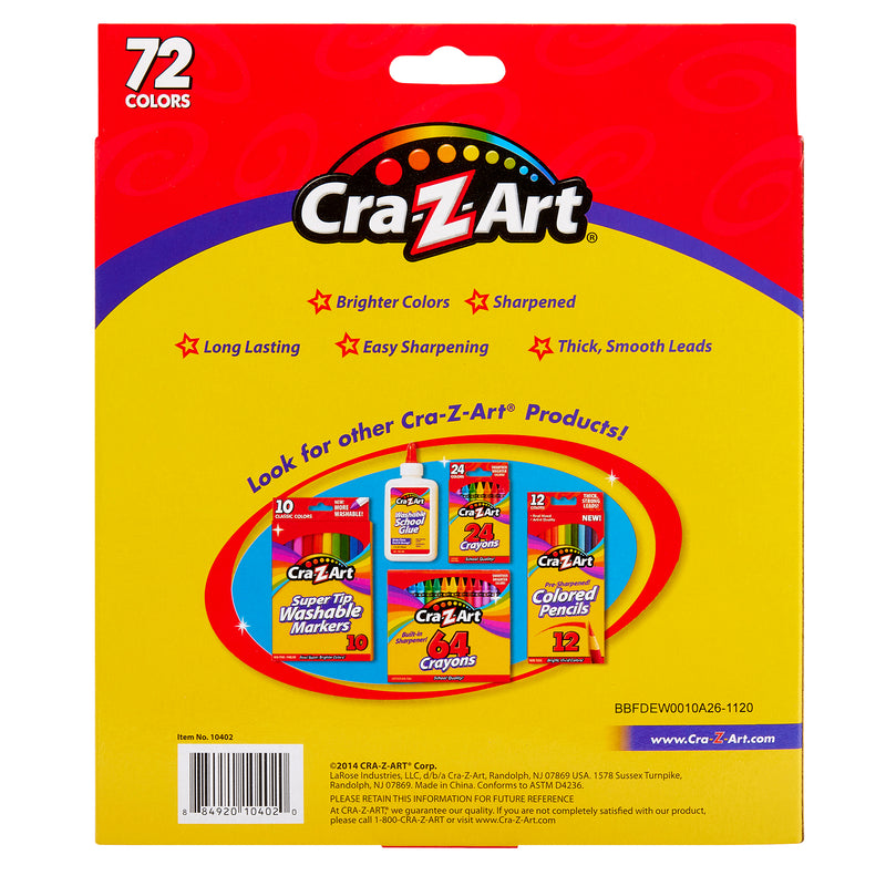 Back packaging of a Cra-Z-Art 72 Count Colored Pencils, highlighting features such as brighter colors, sharpened tips, long lasting, easy sharpening, and thick, smooth leads.