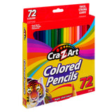 A box of Cra-Z-Art 72 Count Colored Pencils containing 72 assorted colors. The packaging features a tiger illustration and highlights the pencils' thick, strong leads and vivid colors.