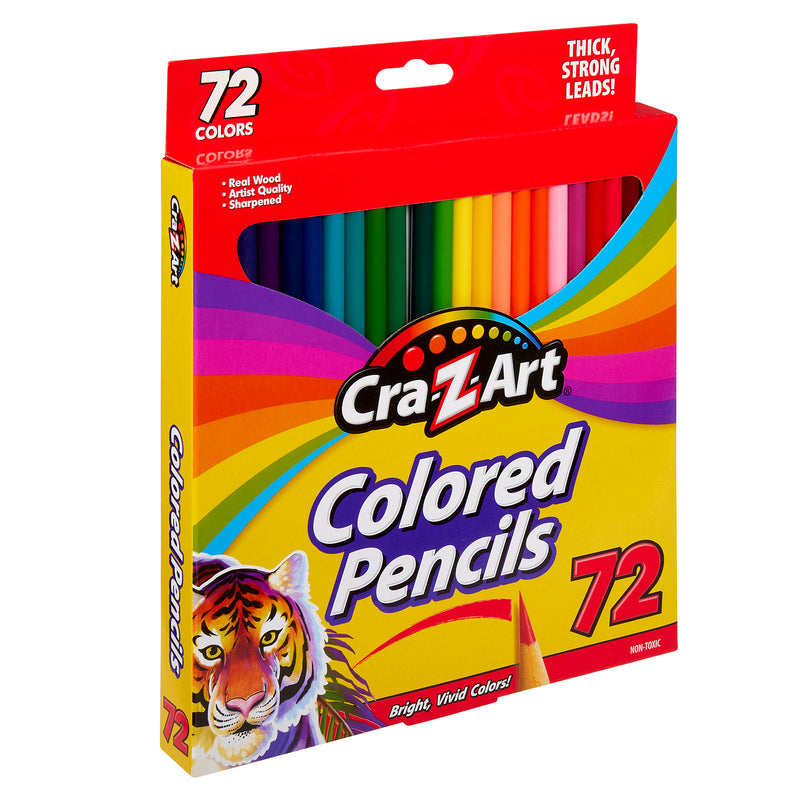 A box of Cra-Z-Art 72 Count Colored Pencils containing 72 assorted colors. The packaging features a tiger illustration and highlights the pencils' thick, strong leads and vivid colors.