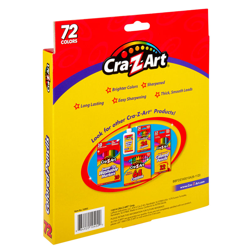 A box containing Cra-Z-Art 72 Count Colored Pencils with features listed, including bright colors, sharpened tips, long-lasting use, easy sharpening, and thick smooth leads. There are images of other products.