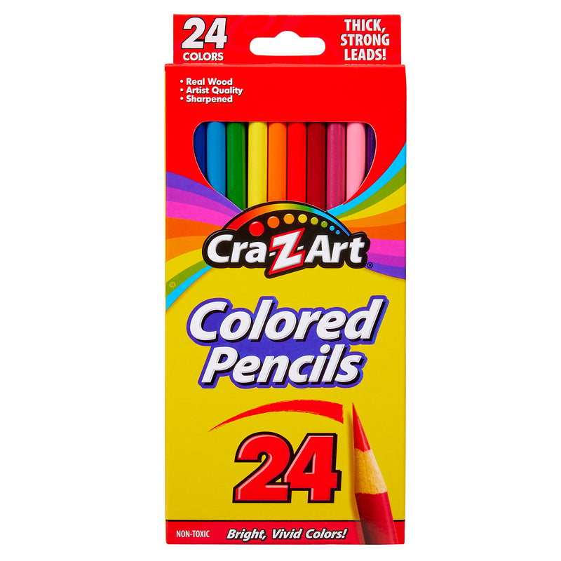 A box of 24 ct. Colored Pencils, peggable box. The packaging includes phrases like "Thick, Strong Leads!", "Real Wood," "Bright, Vivid Colors!" and "Non-Toxic.