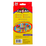 Back of a 24 ct. Colored Pencils, peggable box showing product details, including benefits like brighter colors and easy sharpening. The box promotes 24 colors and displays additional product options below.