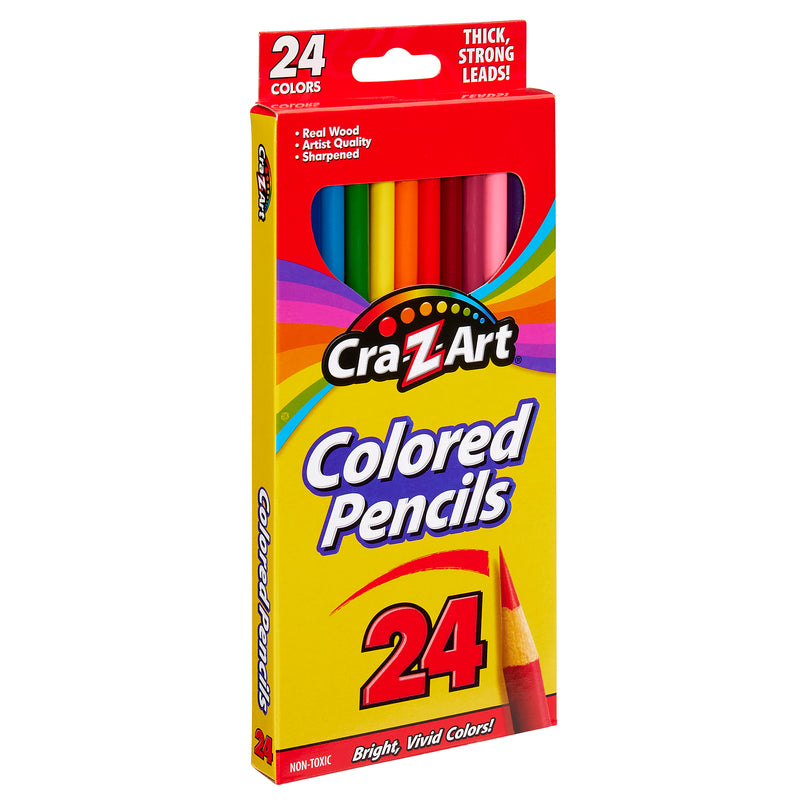 A box of 24 ct. Colored Pencils, peggable box containing 24 pencils in assorted colors. The packaging is yellow and red with the text "Thick, Strong Leads!" and "Bright, Vivid Colors!".