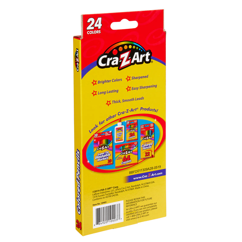 Back of a box of 24 ct. Colored Pencils, peggable box, highlighting features such as brighter colors, long-lasting use, and easy sharpening. The box contains 24 sharpened colors.