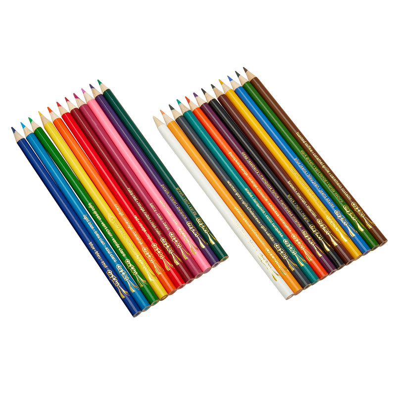 Two sets of 24 ct. Colored Pencils, peggable box arranged in rows. The left set has pencils with gold labels on blue, green, red, yellow, and more. The right set includes different shades, some with white tips.