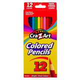 A box of 12 ct. Colored Pencils, peggable box with 12 assorted colors. The packaging is primarily yellow and red and highlights the pencils as real wood, artist quality, and pre-sharpened.