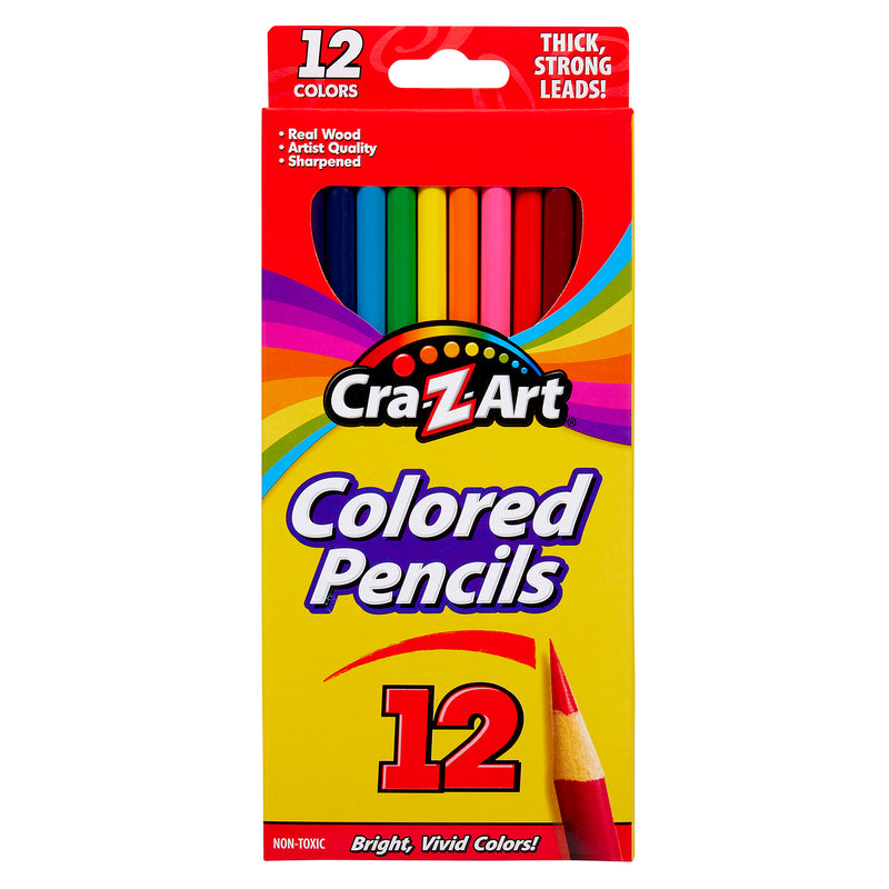 A box of 12 ct. Colored Pencils, peggable box with 12 assorted colors. The packaging is primarily yellow and red and highlights the pencils as real wood, artist quality, and pre-sharpened.