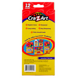 Packaging of 12 ct. Colored Pencils, peggable box with 12 colors. The back displays various Cra-Z-Art products and highlights features like brighter colors, sharpness, long-lasting, and thick, smooth leads.