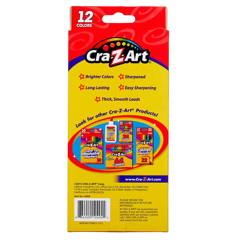 Packaging of 12 ct. Colored Pencils, peggable box with 12 colors. The back displays various Cra-Z-Art products and highlights features like brighter colors, sharpness, long-lasting, and thick, smooth leads.