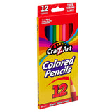 A box of 12 ct. Colored Pencils, peggable box. The yellow box displays twelve colored pencils and features text stating "Thick, strong leads" and "Bright, vivid colors!