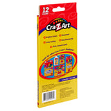 Back of a Cra-Z-Art 12 ct. Colored Pencils, peggable box package, highlighting features like brighter colors, sharpened tips, long-lasting, easy sharpening, thick smooth leads, and promoting other Cra-Z-Art products.