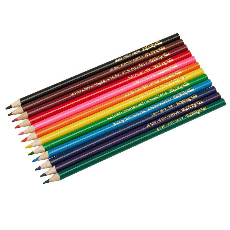 A 12 ct. Colored Pencils, peggable box arranged in rows on a white background.
