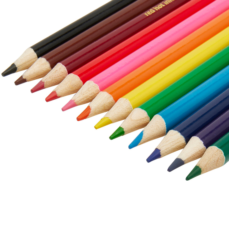 A row of 12 ct. Colored Pencils, peggable box, arranged diagonally, featuring shades of black, brown, red, pink, orange, yellow, light green, green, light blue, blue, dark blue and dark green.
