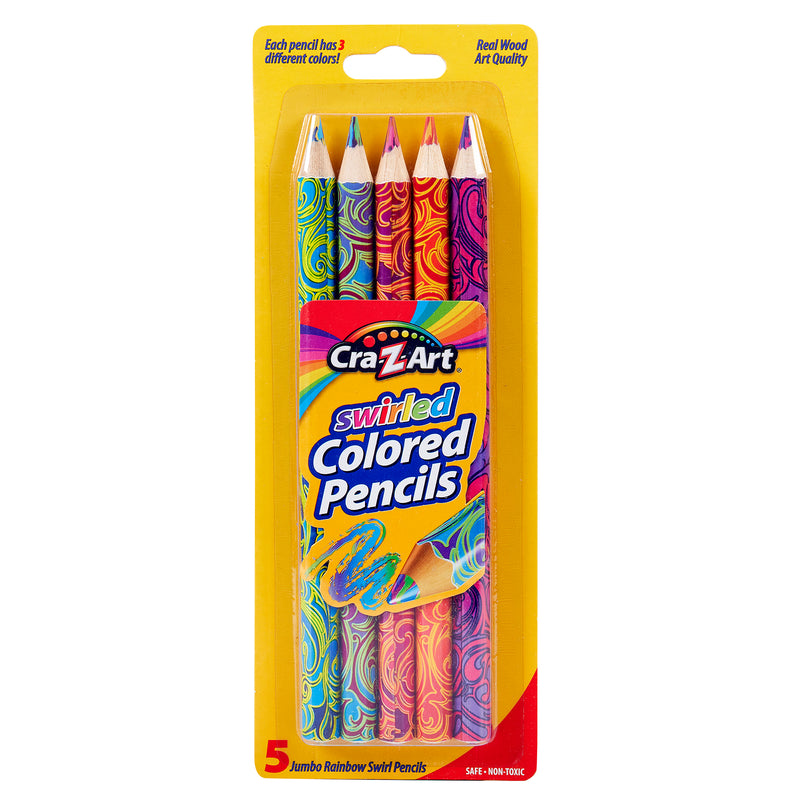 Package of Cra-Z-Art Jumbo Rainbow Swirl Colored Pencils 5 Count, each featuring three different colors. The pencils are displayed in a blister pack with a yellow background.