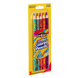 A package of five Cra-Z-Art Jumbo Rainbow Swirl Colored Pencils 5 Count with vibrant patterns on a yellow background. The pencils are jumbo-sized and advertised as having three different colors each.