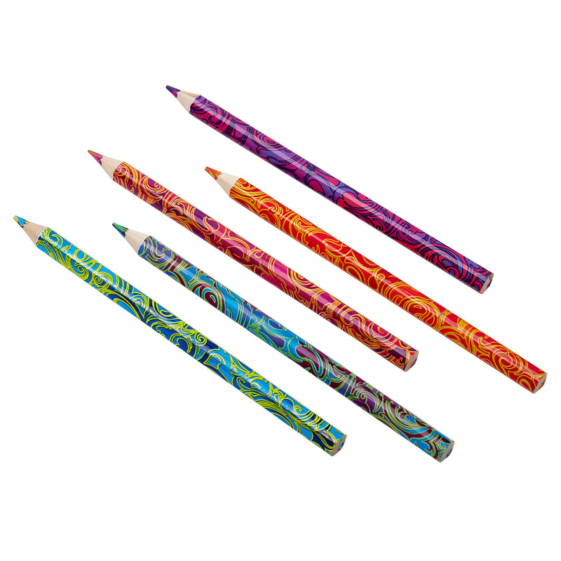 Five Cra-Z-Art Jumbo Rainbow Swirl Colored Pencils 5 Count with intricate swirl patterns on the bodies, arranged in a diagonal line on a white background.