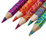 A close-up image of five Cra-Z-Art Jumbo Rainbow Swirl Colored Pencils 5 Count with swirling, multicolored designs on their barrels, arranged in a fan-like pattern. Each pencil tip is sharpened and ready for use.