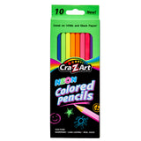 A box of 10 ct. Hot n Brite Colored Pencils featuring bright colors, labeled "Great on White and Black Paper!" with ten pencils visible through a window on the box front.