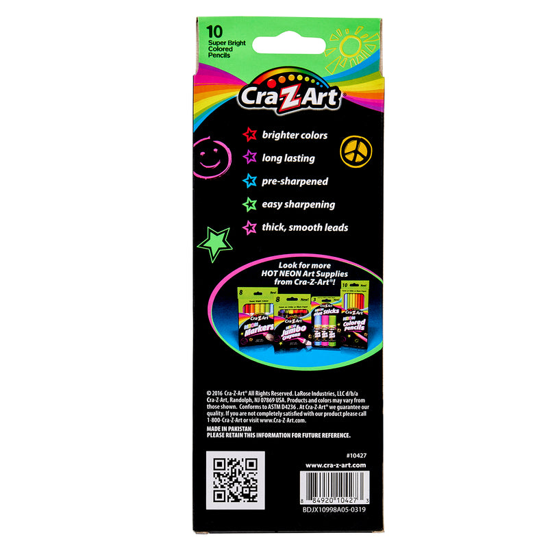 Back of a 10 ct. Hot n Brite Colored Pencils- box labeled with product features such as brighter colors, long-lasting, pre-sharpened, easy sharpening, and thick, smooth leads. The box contains 10 pencils.