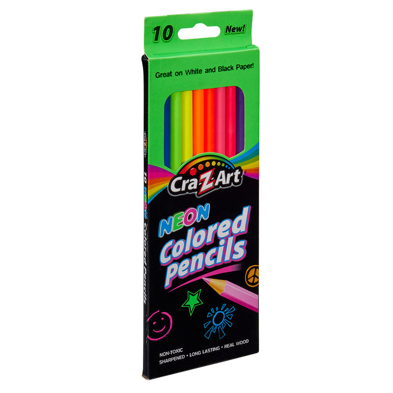 A box of 10 ct. Hot n Brite Colored Pencils containing 10 pencils. The packaging highlights the pencils being non-toxic and suitable for use on white and black paper.