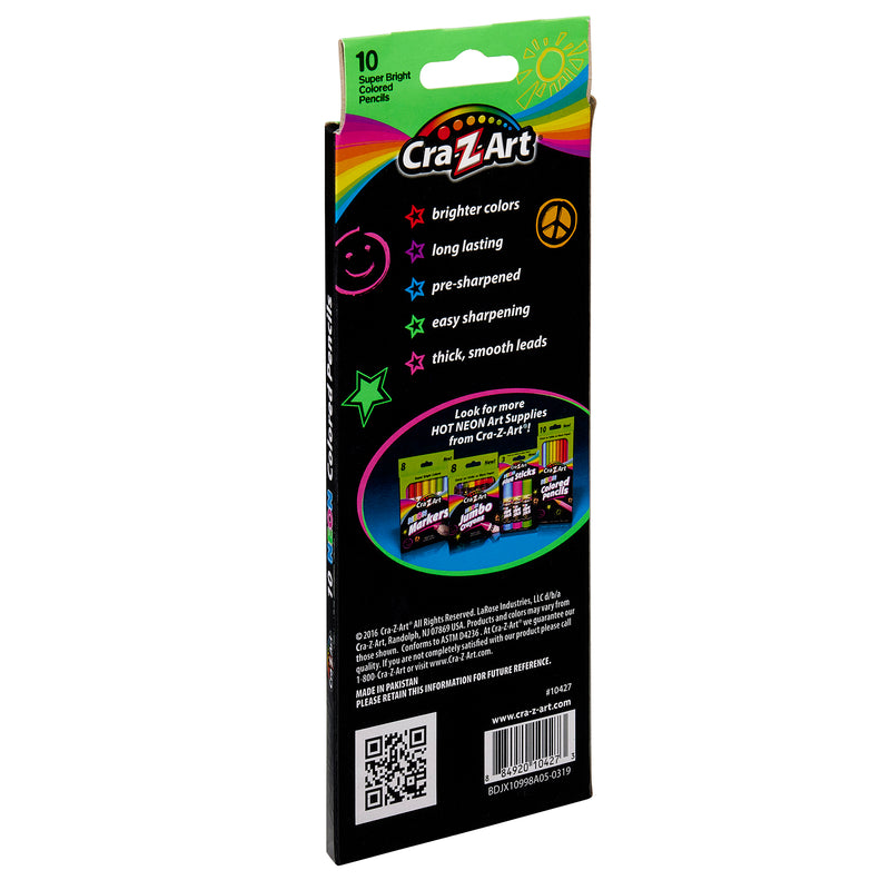 Back packaging of a 10-pack of 10 ct. Hot n Brite Colored Pencils in various colors. The package highlights features like brighter colors, long-lasting, pre-sharpened, easy sharpening, and thick, smooth leads.