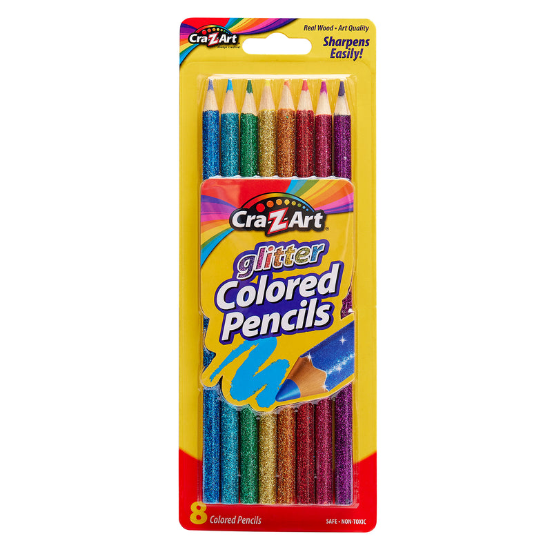 Package of 8 ct. Glitter Colored Pencils, Carded, featuring vibrant colors and "Sharpens Easily!" text. The packaging is yellow with a clear window displaying the pencils.