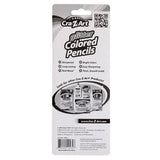 Back packaging of 8 ct. Glitter Colored Pencils, Carded featuring product highlights such as sharpened, long-lasting, and bright colors, with contact details and images of other Cra-Z-Art products.