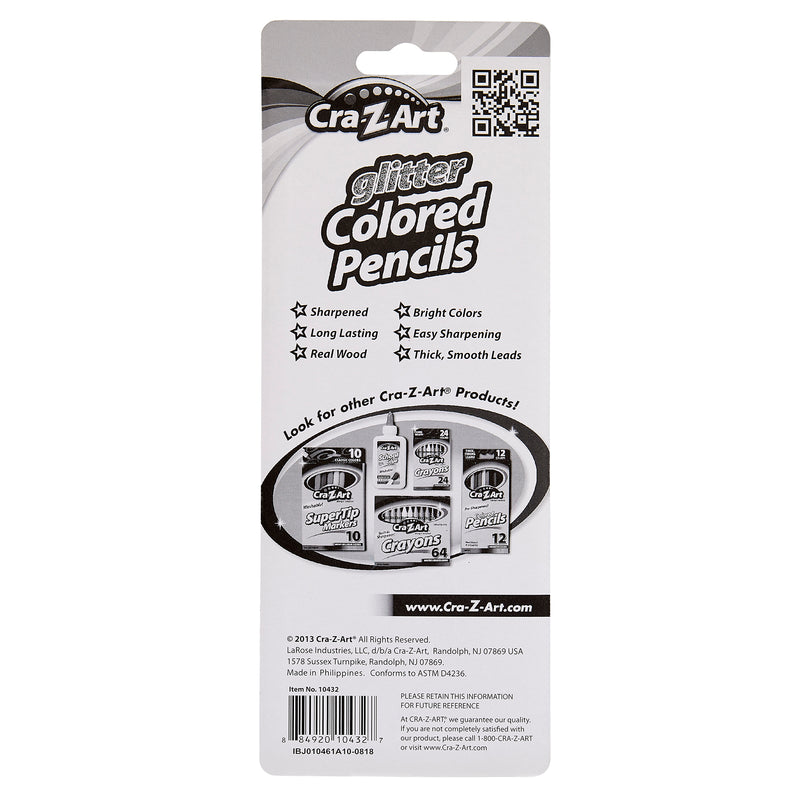 Back packaging of 8 ct. Glitter Colored Pencils, Carded featuring product highlights such as sharpened, long-lasting, and bright colors, with contact details and images of other Cra-Z-Art products.