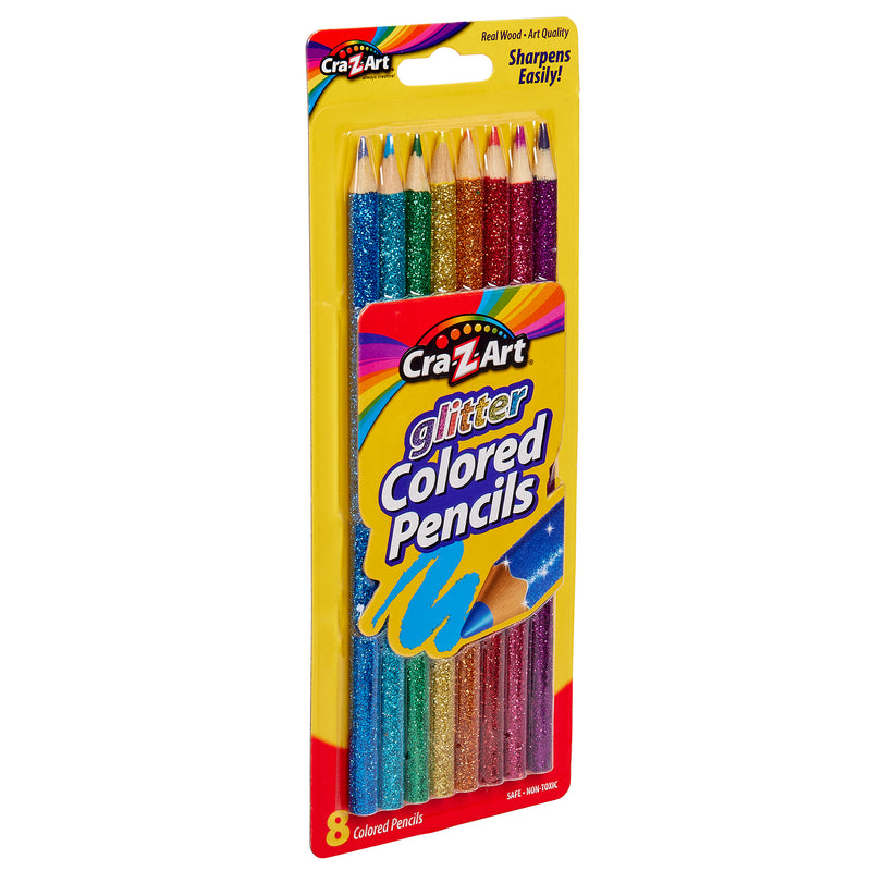 A pack of 8 ct. Glitter Colored Pencils, Carded in various colors, packaged in a yellow and red cardboard box.