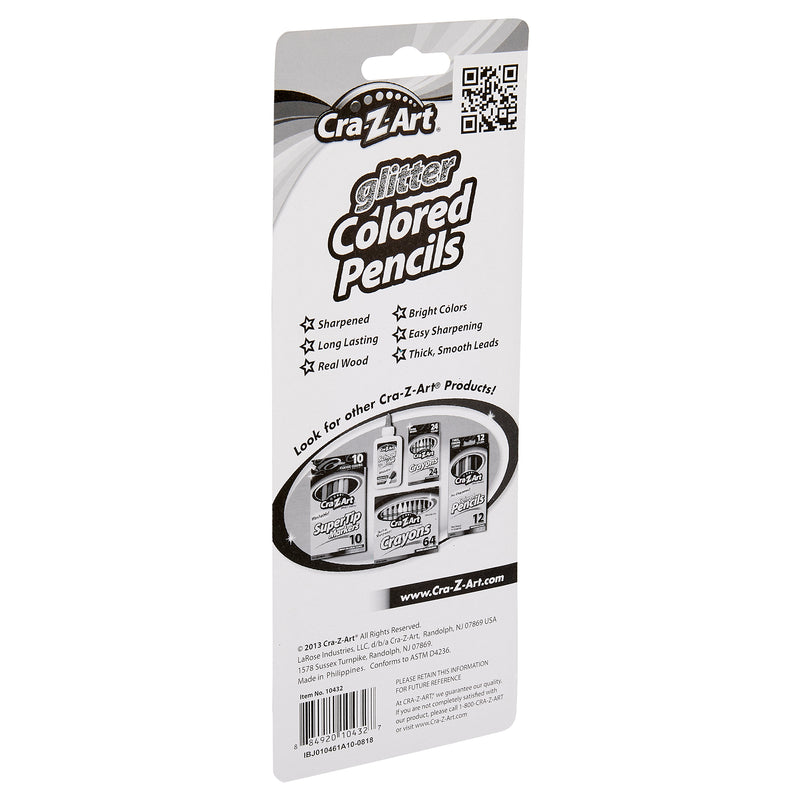 Packaging of 8 ct. Glitter Colored Pencils, Carded showing features like sharpened, bright colors, long-lasting, easy sharpening, real wood, and thick, smooth leads. Box also has a QR code and product images.
