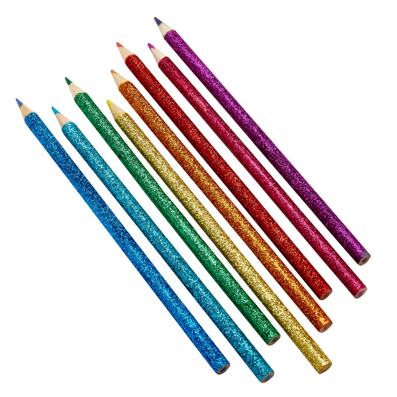Eight glittery colored pencils featuring pairs of blue, green, yellow, and red hues packaged on a card.