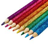 A set of 8 ct. Glitter Colored Pencils, Carded arranged in a diagonal line, showcasing a range of colors including purple, pink, red, orange, yellow, green, and blue.