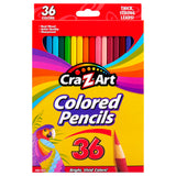 A box of Cra-Z-Art Colored Pencils 36 Count. The packaging highlights features such as thick, strong leads, real wood, artist quality, and pre-sharpened pencils.