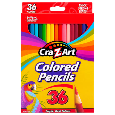 A box of Cra-Z-Art Colored Pencils 36 Count. The packaging highlights features such as thick, strong leads, real wood, artist quality, and pre-sharpened pencils.