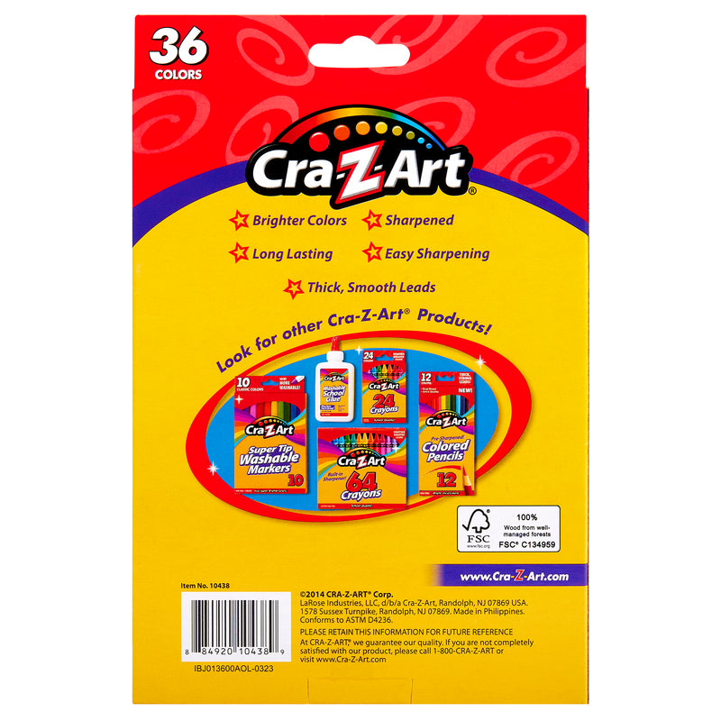 The back of a Cra-Z-Art Colored Pencils 36 Count box shows 36 colors and promotes brighter colors, long-lasting, sharpened pencils with thick, smooth leads. Various other Cra-Z-Art products are also depicted.