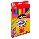 Box of Cra-Z-Art Colored Pencils 36 Count containing 36 brightly colored pencils. The packaging highlights features like thick, strong leads, real wood, artist quality, and being non-toxic.