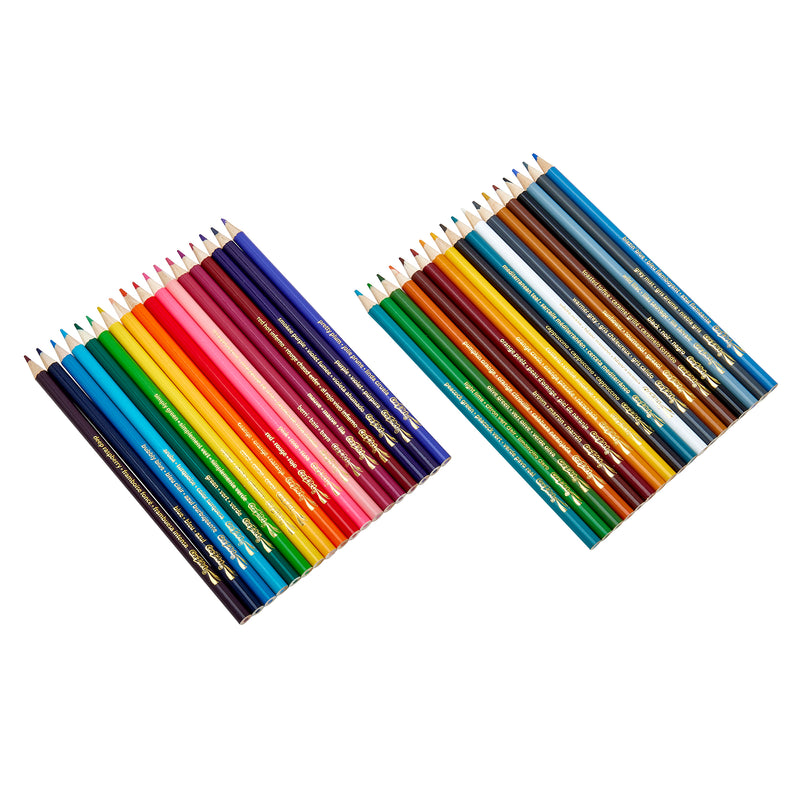 Two sets of Cra-Z-Art Colored Pencils 36 Count arranged in rows. The set on the left features shades of purple, blue, red, yellow, and pink, while the set on the right includes various shades of blue, green, brown, and yellow.