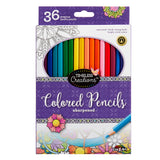 A box of Timeless Creations 36 Count Colored Pencils. The box features a floral design and the pencils are arranged in a spectrum of colors. Labels highlight the quality and bright colors.