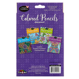 Back of a Timeless Creations 36 Count Colored Pencils pack displaying five coloring book samples and marketing details. Phrases such as "Crayons for Beauty" and "Waste Breathe" are visible. Made in China by Cra-Z-Art.