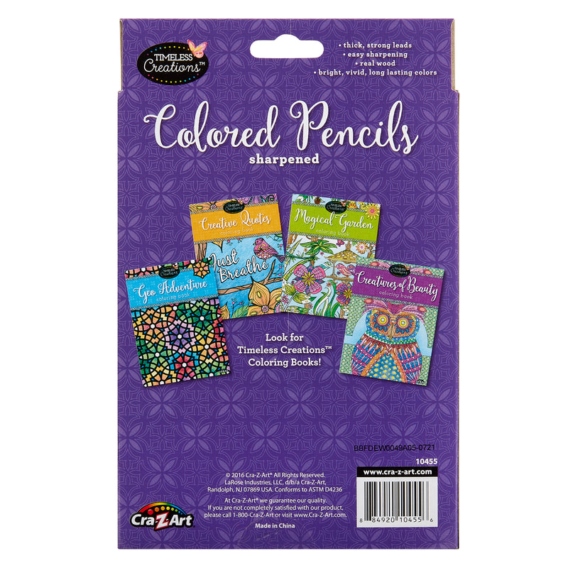 Back of a Timeless Creations 36 Count Colored Pencils pack displaying five coloring book samples and marketing details. Phrases such as "Crayons for Beauty" and "Waste Breathe" are visible. Made in China by Cra-Z-Art.