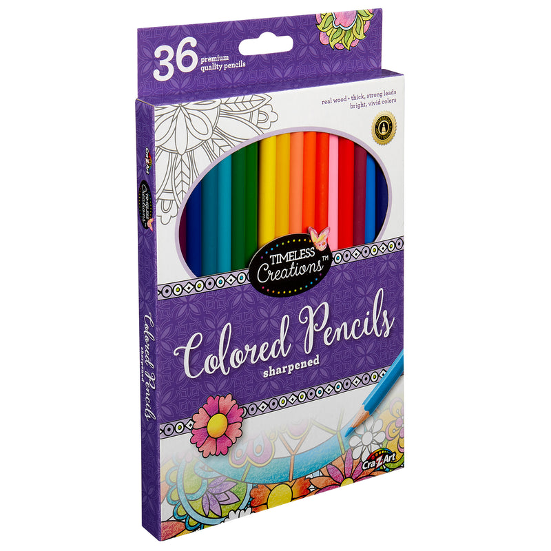 A box of Timeless Creations 36 Count Colored Pencils, containing 36 sharpened pencils in various colors. The box features a floral design and product descriptions.