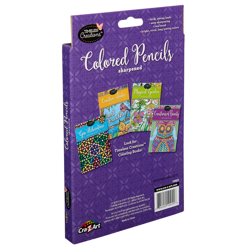 A box of sharpened, colored pencils by Timeless Creations 36 Count Colored Pencils, featuring a purple packaging and illustrations of various coloring books on the back. The text highlights bright, vivid, and long-lasting colors.