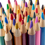 Close-up of the sharpened tips of various Timeless Creations 36 Count Colored Pencils arranged closely together in an upright position.