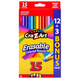 A box of Cra-Z-Art Erasable Colored Pencils 12+3 Count, containing 15 colors. The packaging highlights 12 regular + 3 bonus pencils. The front shows the pencils and mentions features like "erases like magic!.