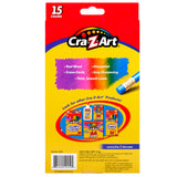 Back of a Cra-Z-Art Erasable Colored Pencils 12+3 Count box displaying product features such as real wood, easy sharpening, and thick smooth leads. The box showcases images of other Cra-Z-Art products.