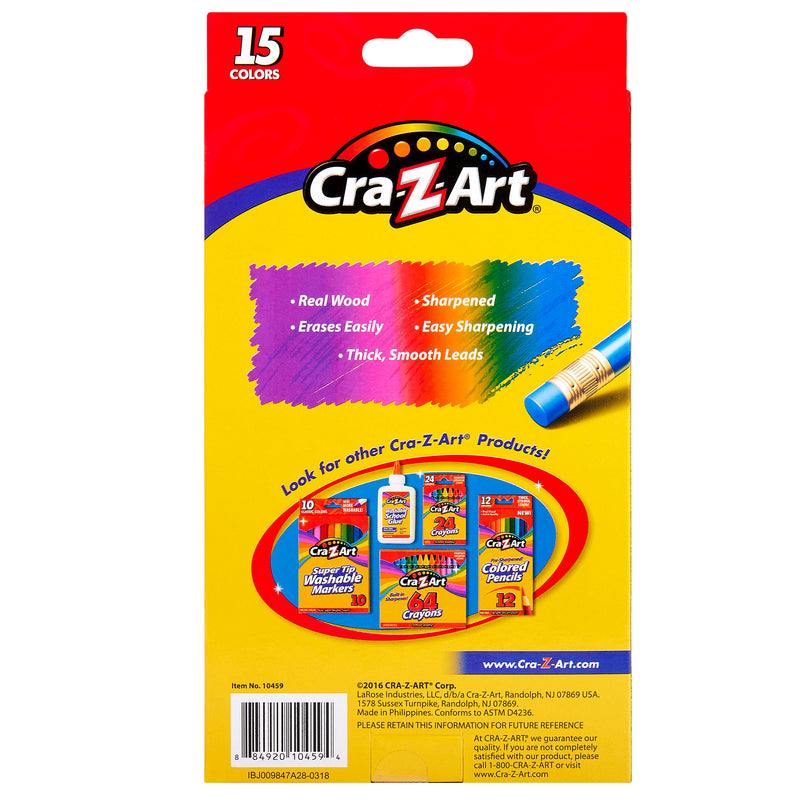 Back of a Cra-Z-Art Erasable Colored Pencils 12+3 Count box displaying product features such as real wood, easy sharpening, and thick smooth leads. The box showcases images of other Cra-Z-Art products.