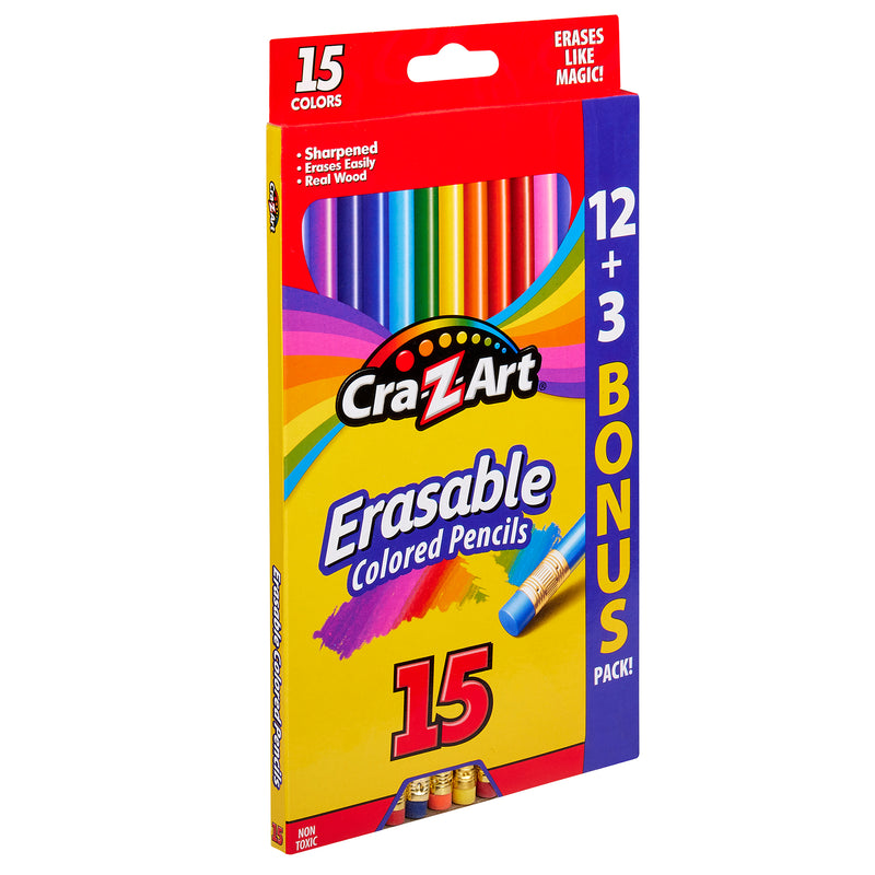 A box of Cra-Z-Art Erasable Colored Pencils 12+3 Count, containing 15 pencils in assorted colors. The packaging promotes 12 colors plus 3 bonus pencils and highlights that the pencils are pre-sharpened.